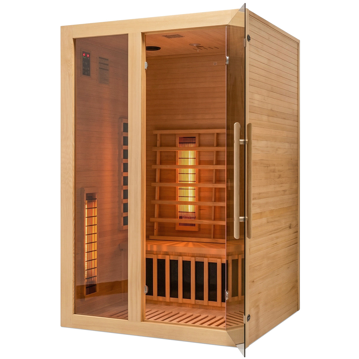 Monolight PRO infrared sauna, lit, with the door open